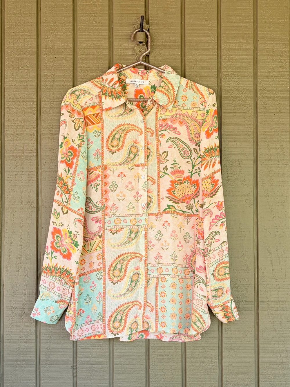 Rose + Olive Multi Color Patchwork Paisley Button Down Blouse M